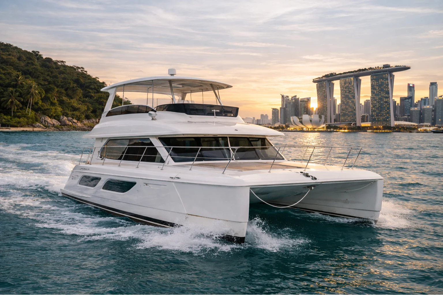 Avelis Luxury Charter Singapore - The Executive Retreat - Island Voyager power catamaran yacht sailing in Singapore harbor with Marina Bay Sands backdrop