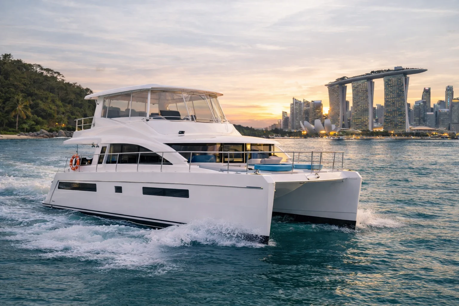 Avelis Luxury Charter Singapore - The Leopard 51 Luxury Power Catamaran - premium Leopard 51 catamaran yacht cruising in Singapore harbor at sunset
