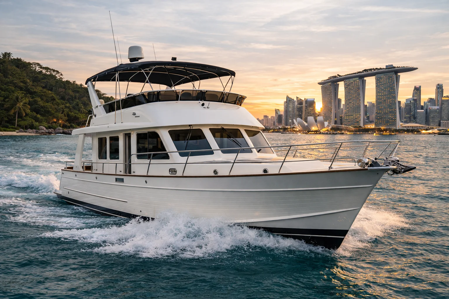 Avelis Luxury Charter Singapore - The Raffles Cruiser - classic Singapore luxury yacht charter vessel cruising near Marina Bay skyline