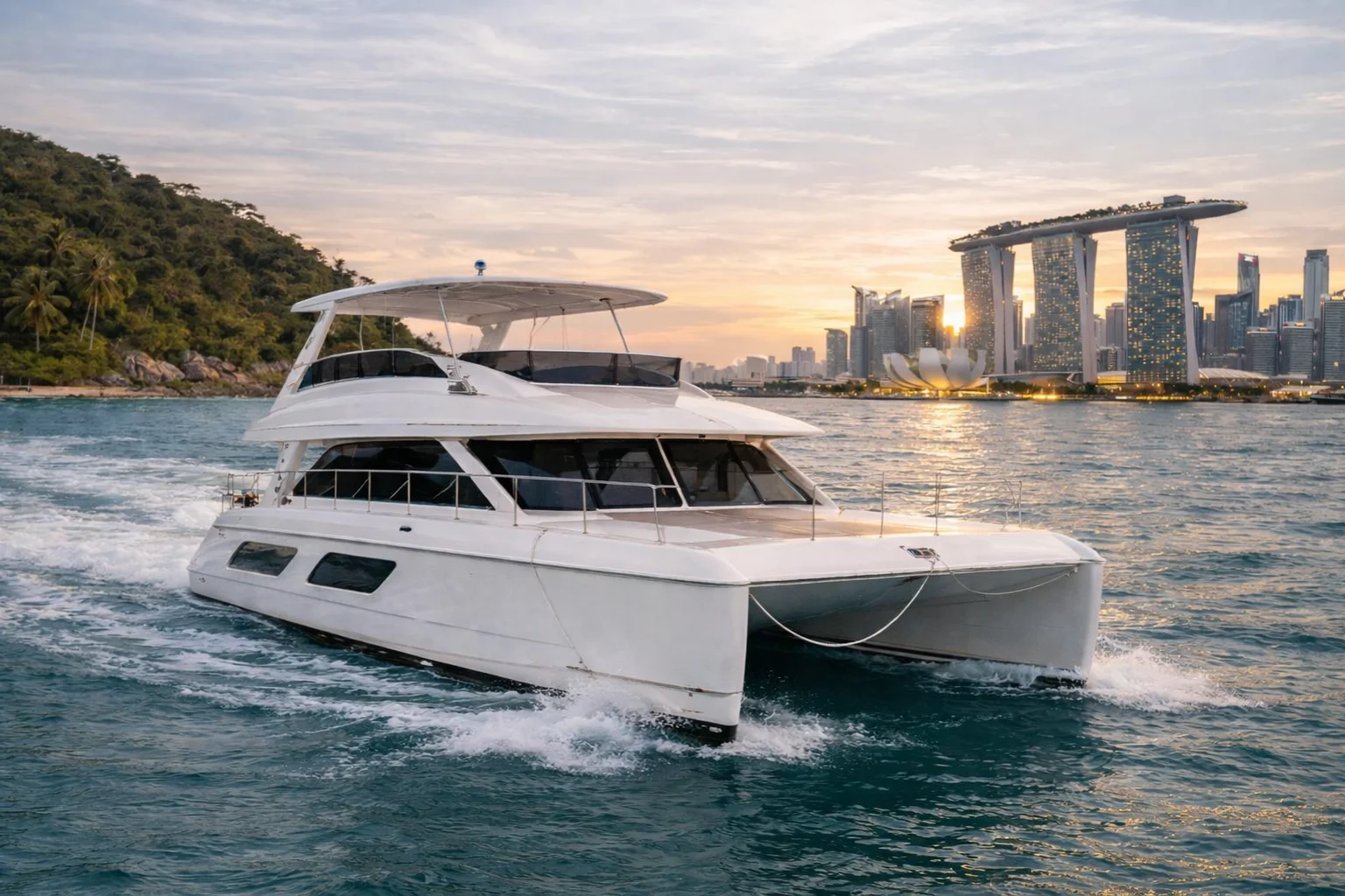 Avelis Luxury Charter Singapore - The SME Expedition - luxury catamaran yacht cruising along Singapore Marina Bay waterfront