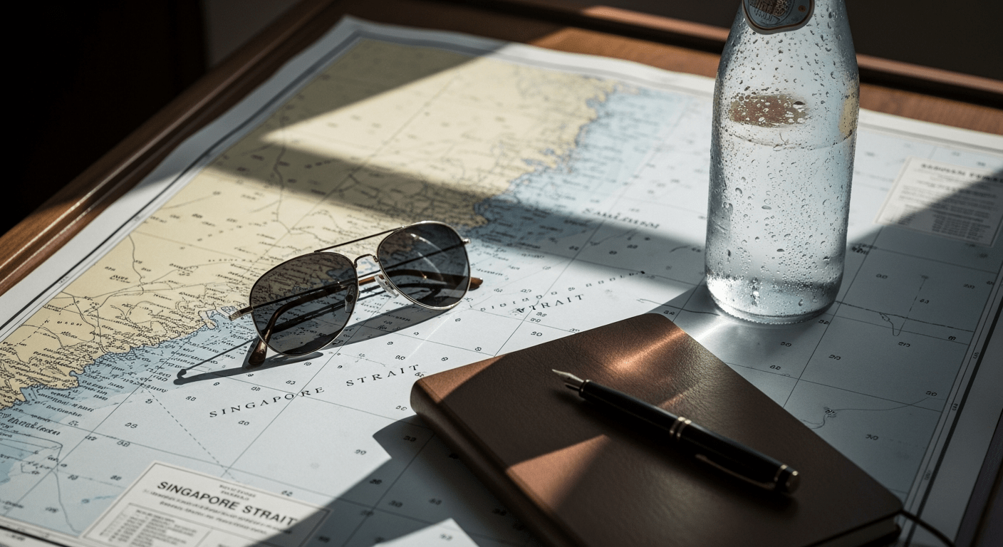 Planning a Singapore yacht charter, chart, sunglasses, notebook flat-lay
